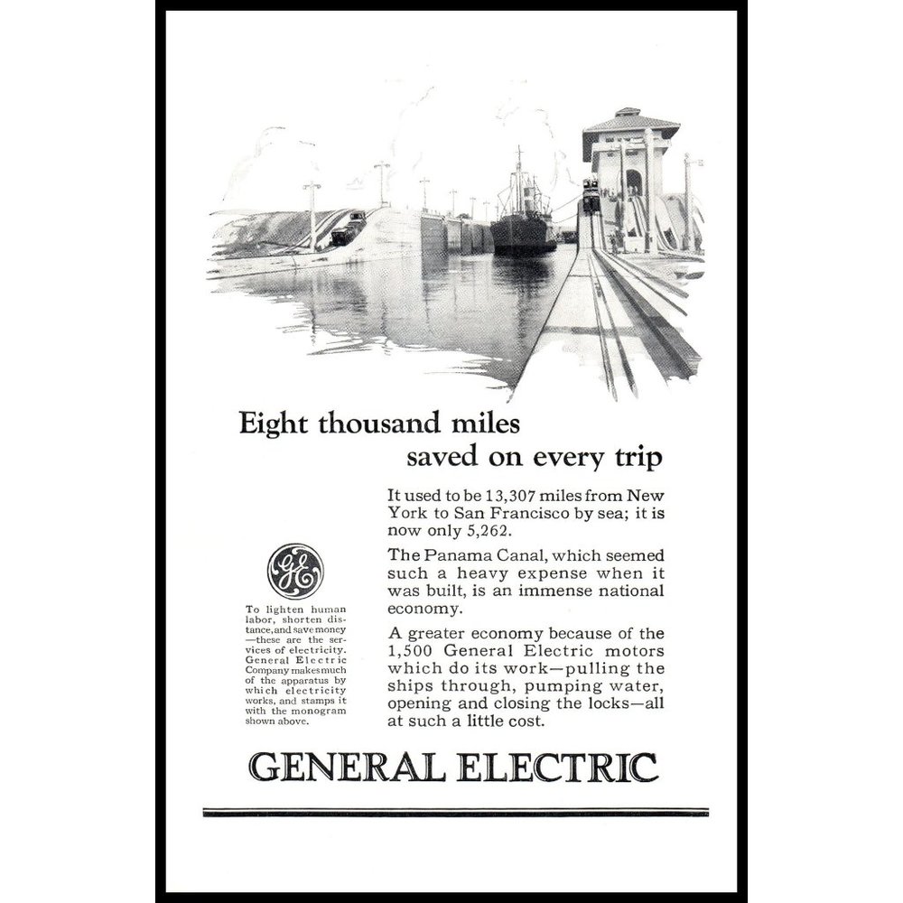 1924 GE General Electric Panama Canal Vintage Print Ad Cargo Ship Wall Art Photo